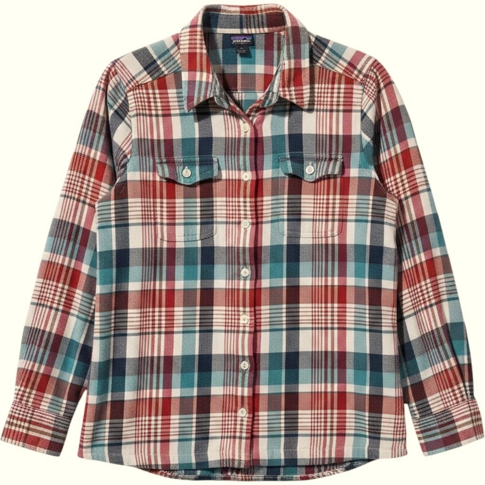 Patagonia Fjord Women Organic Cotton Flannel Plaid Button Down Shirt Teal Size 6